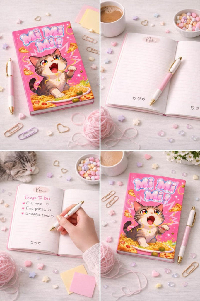 Cute Kawaii Cat Notebook – Mi Mi Mi Pink Aesthetic Journal for Writing, School Notes & Journaling